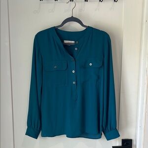 LOFT Teal Long Sleeve Mandarin Collar Blouse